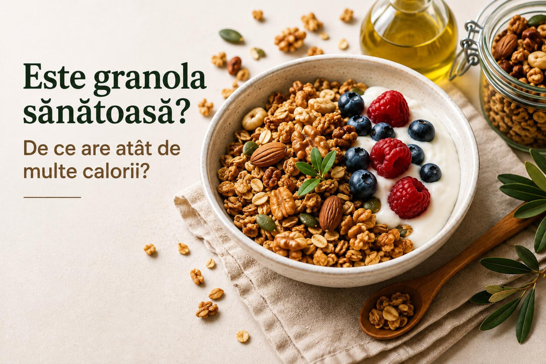 Bol cu granola artizanală preparată din ovăz integral, nuci, semințe și fructe de pădure, inspirată din dieta mediteraneană.